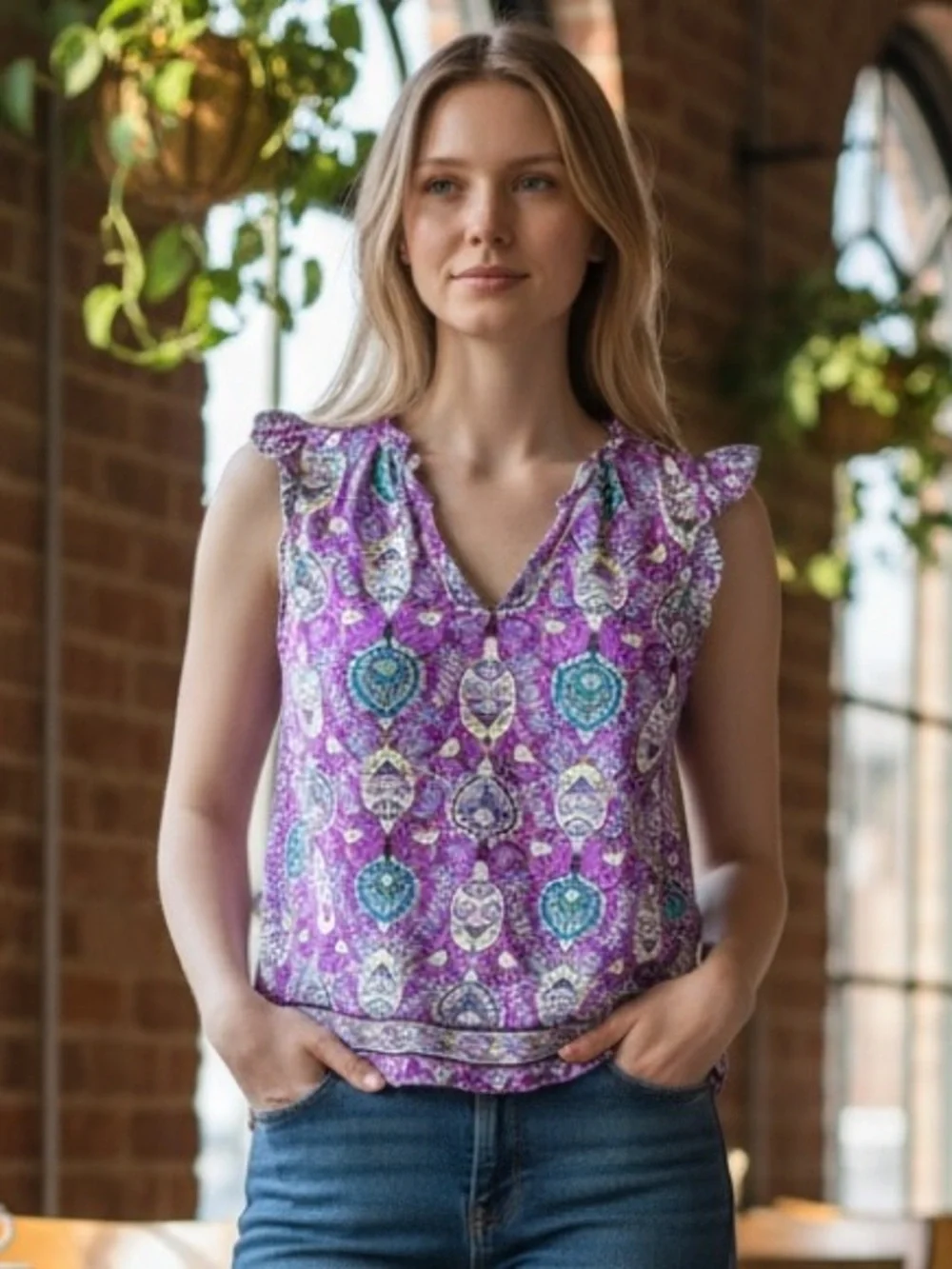 Talbots Purple Floral and Paisley Patterned Ruffle sleeveless blouse Size Large - Picture 1 of 4